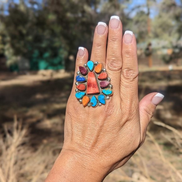 Navajo Sterling Silver Ring w Turquoise Spiny Oyster Cluster stones sz 6.5 - Picture 8 of 10